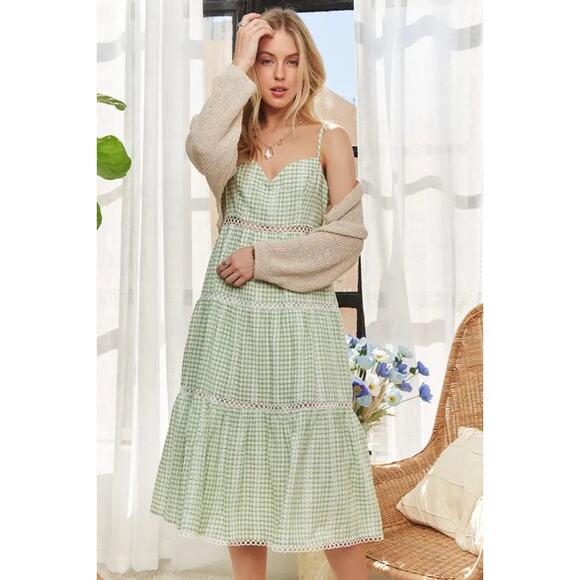 ADORA Sleeveless Gingham Check Print Side Zipper Washed Midi Dress | Light Green - Picture 2 of 7